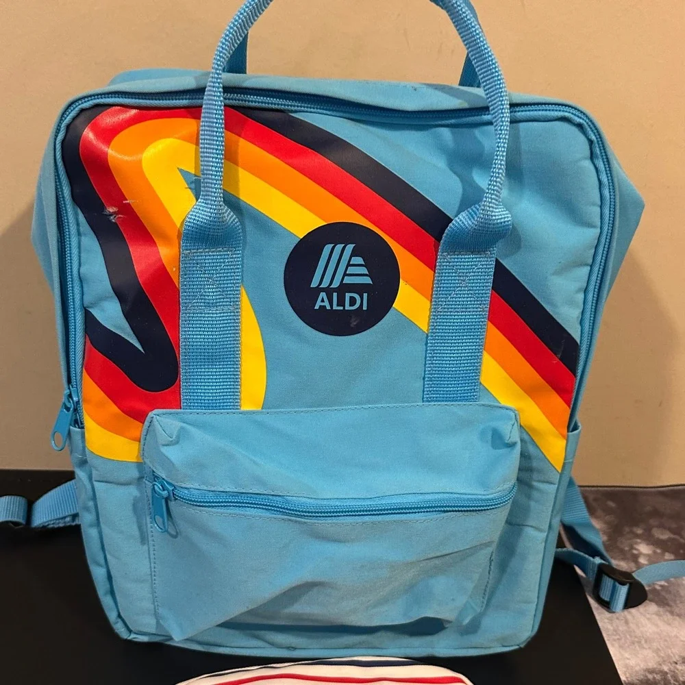 Aldi Gear Retro Rainbow Swirl Backpack and Striped Belt Bag Set Blue White